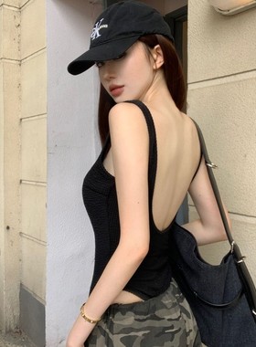 美式复古辣妹连体吊带背心女夏季内搭欧美风美背黑色露背上衣外穿