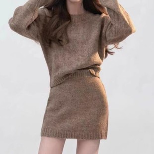 韩国秋冬慵懒针织套装 时尚 包臀半身裙套装 纯色毛衣 圆领长袖