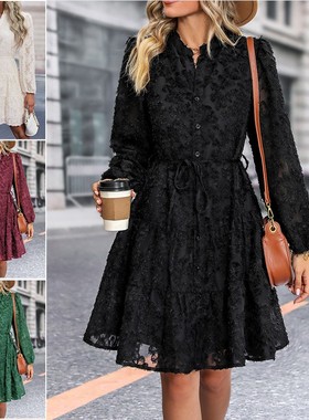 亚马逊独立站外贸黑色裙子秋季新品欧美提花长袖跨境连衣裙