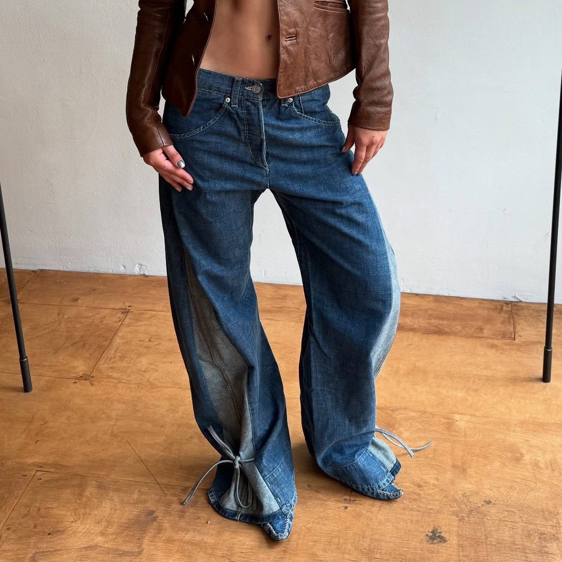 女式设计感简约系带收脚侧面拼色牛仔裤百搭街头风美式阔腿直筒裤,个性定制/设计服务/DIY,连衣裙加工定制,淘宝优惠券,粉丝福利购,淘宝优惠卷