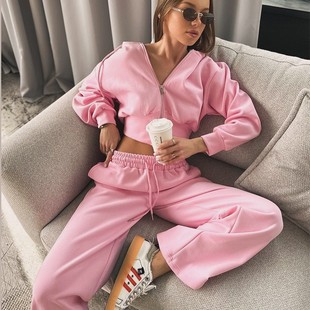 拉链连帽卫衣纯色系带裤 欧美秋季 长袖 休闲女士套装 二件套 新款