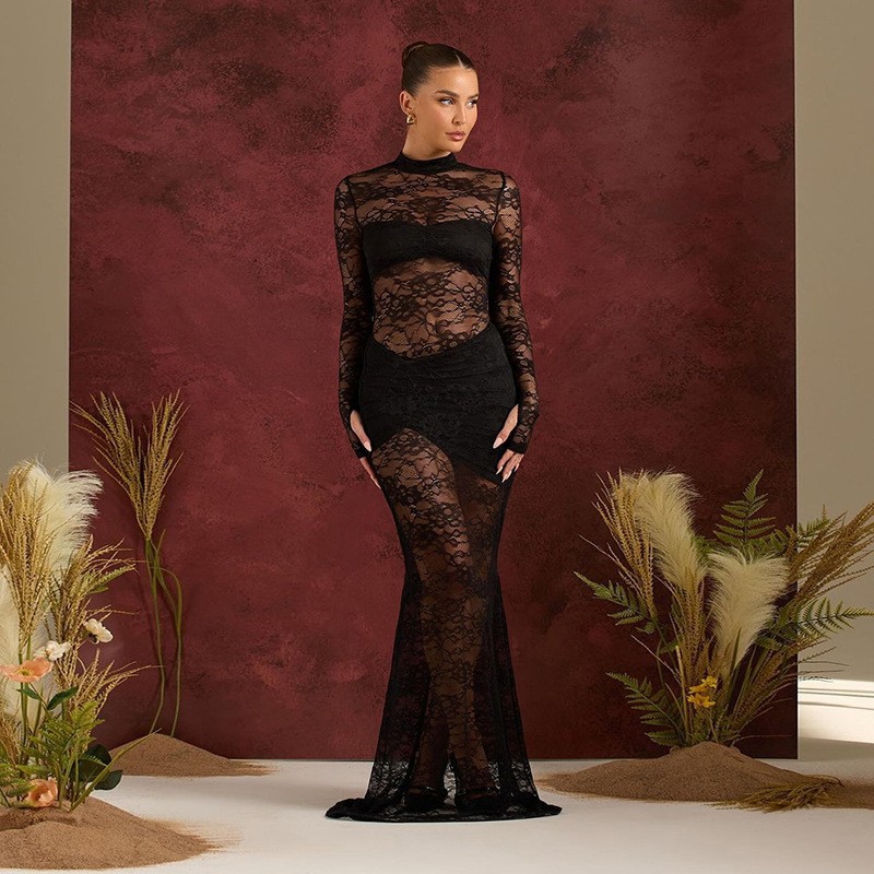 跨境欧美女装春季新款辣妹风性感镂空透视长款修身包臀连衣裙