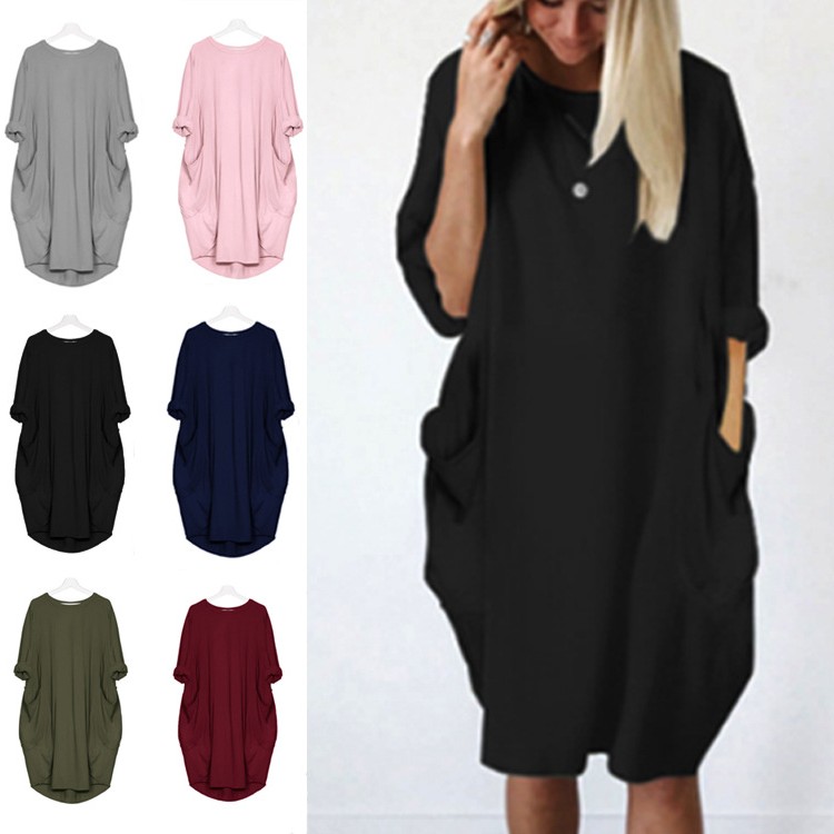 色码 厂家直销速卖通外贸女装休闲宽松口袋长袖大码连衣裙