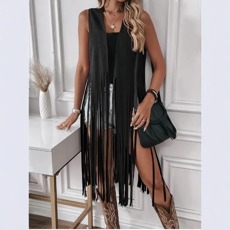 欧美风披肩麂皮绒流苏马甲外套女士无袖中长款马夹