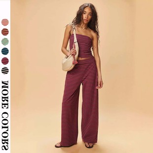 松紧长裤 拼色抹胸上衣时尚 二件套 休闲条纹套装 亚马逊欧美性感修身