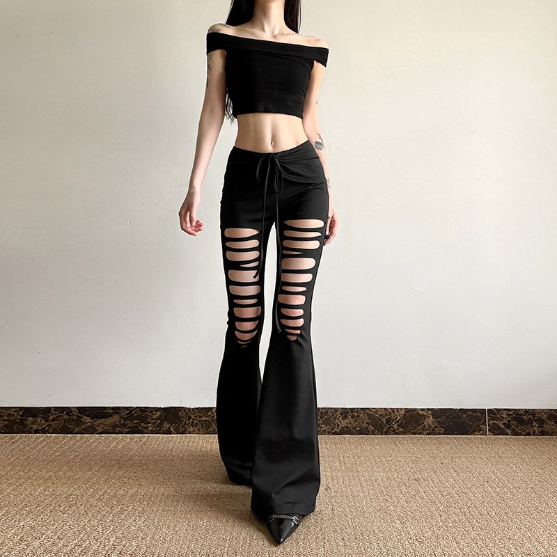 外贸春新品女装辣妹时尚破洞镂空设计蝴蝶结绑带修身微喇叭裤