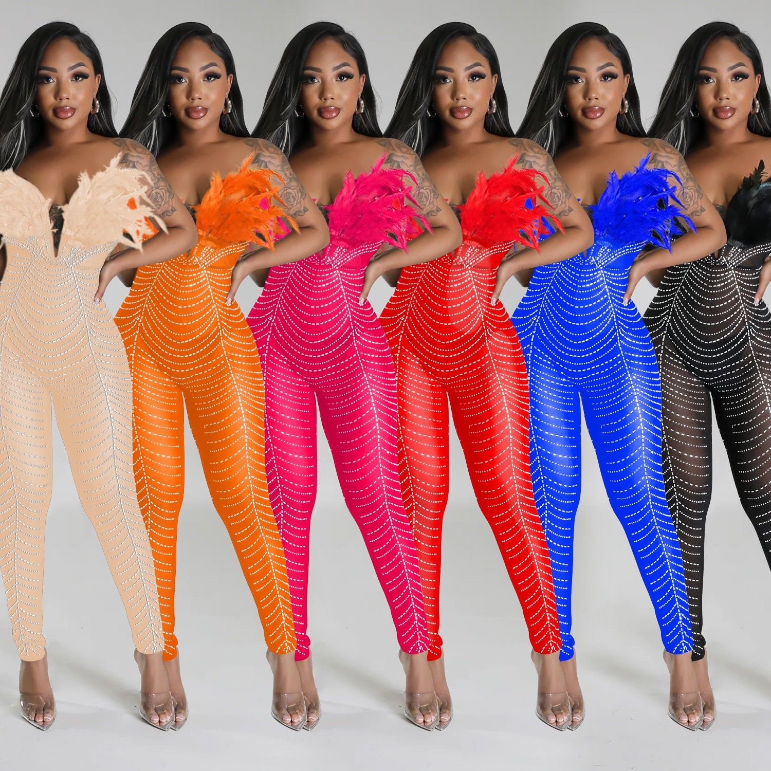 跨境速卖通亚马逊欧美时尚女装纯色性感网纱烫钻长裤连体裤