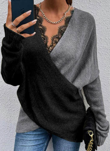 Colorblock top knitted loose women's V-neck