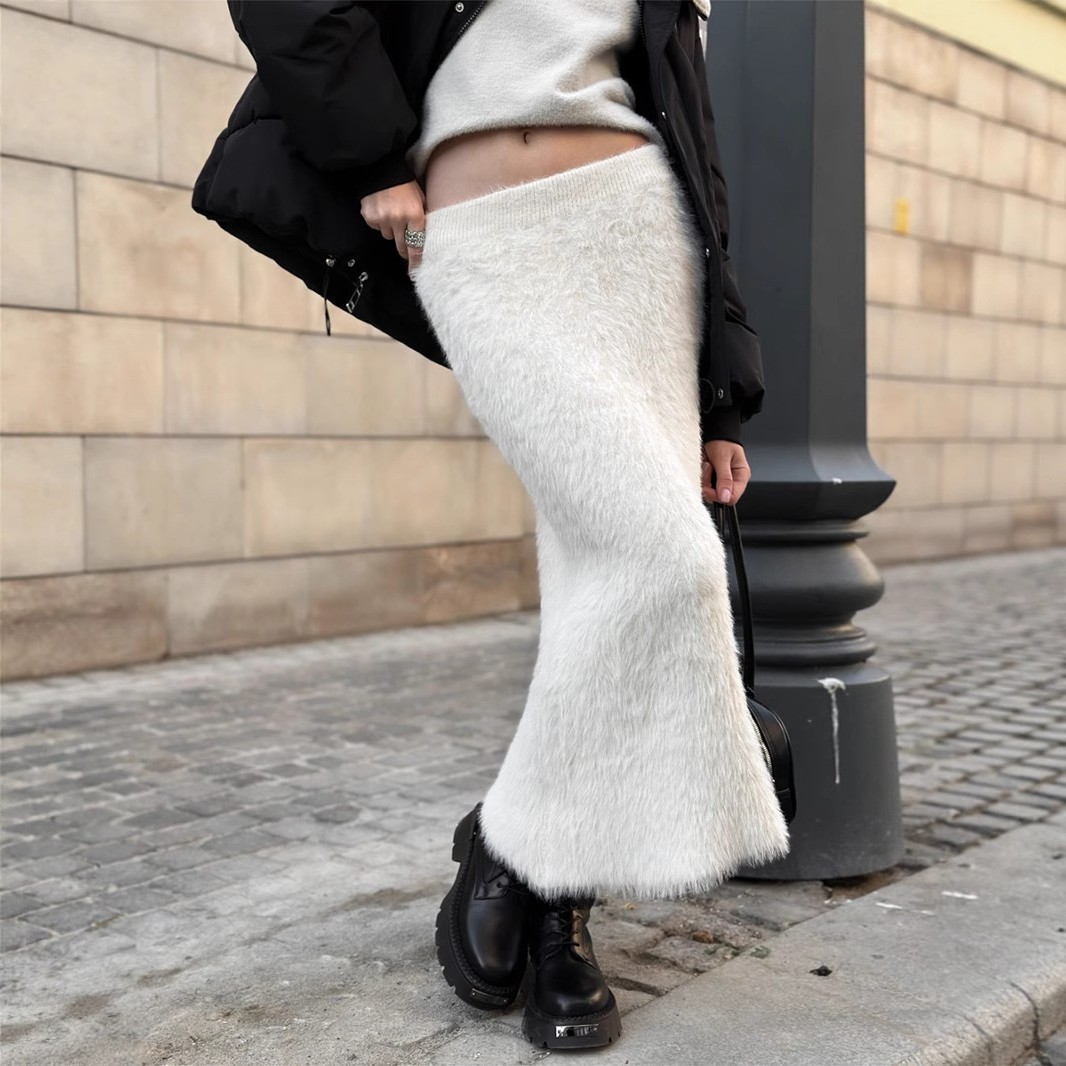 跨境针织毛毛半身裙欧美秋冬新款长款半身裙保暖半身裙女