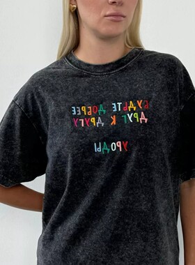 欧美复古做旧水洗黑字母印花棉T恤 Letter printed loose T-shirt