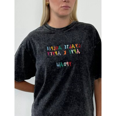 欧美复古做旧水洗黑字母印花棉T恤 Letter printed loose T-shirt