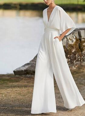 Deep V-neck high waist jumpsuit 欧美女礼服连体裤深V高腰阔腿