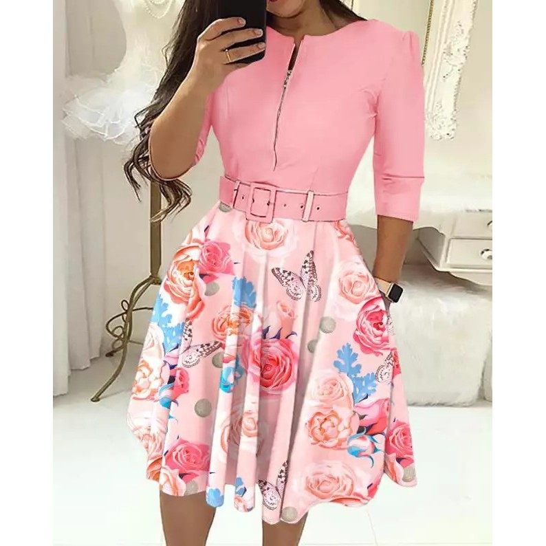 欧美秋冬气质优雅收腰拉链中长袖印花大摆连衣裙女装配腰带,个性定制/设计服务/DIY,连衣裙加工定制,淘宝优惠券,粉丝福利购,淘宝优惠卷