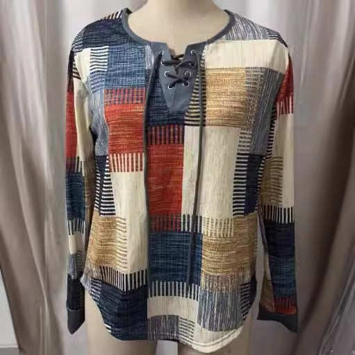 欧美时尚新款印花撞色领长袖恤衫