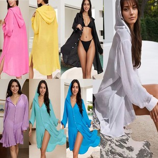 比基尼泳衣罩衫 度假纯色开衫 防晒服 欧美沙滩外套女衬衣式 新款