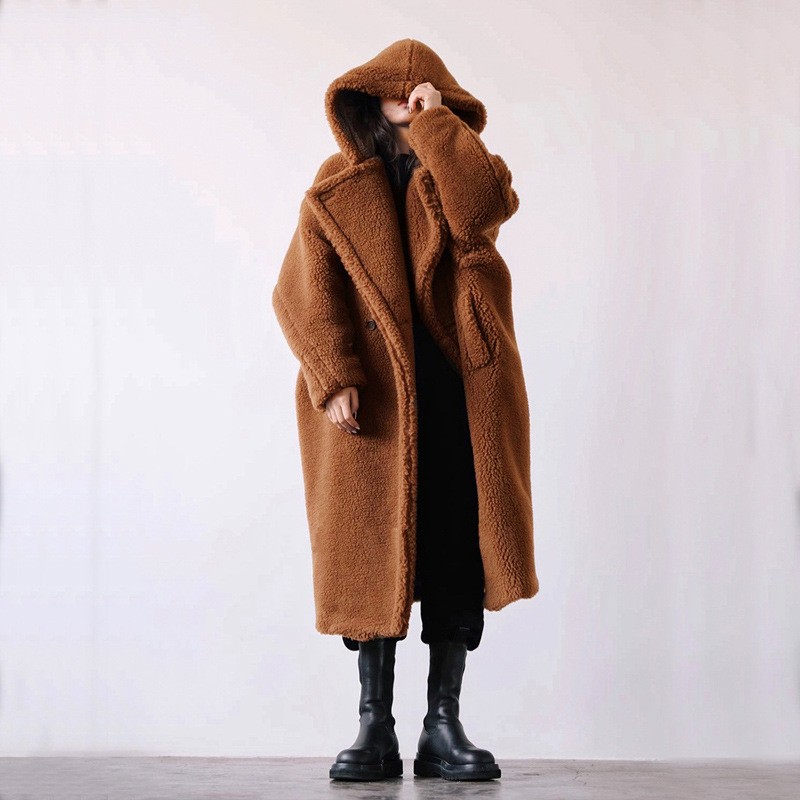 秋冬季休闲仿皮草外套女大衣中长款欧美连帽翻领时尚羊羔毛气质潮