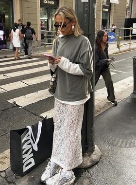 跨境白色蕾丝半身裙欧美夏街头潮流提花镂空后开叉蕾丝半身裙