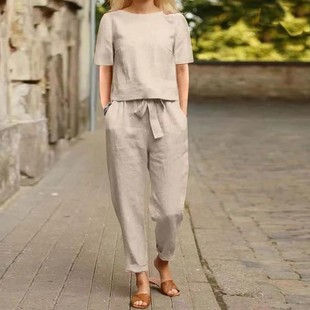 棉麻夏季 阔腿裤 搭配套装 领超大罩衫 复古两件套 半袖 跨境女装