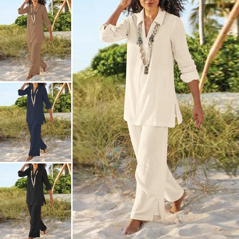跨境外贸大码女装纯色国风复古裤套装棉麻休闲长袖宽松棉套装