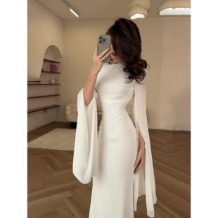 Women satin long dress欧美新款玻璃纱大摆袖长款缎面修身连衣裙
