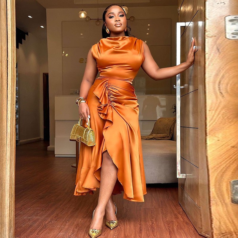 欧美外贸女装夏季新款气质无袖修身荷叶边中长款不规则连衣裙