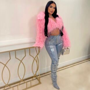 众思创跨境电商欧美女装 性感人造长毛皮草短款外套