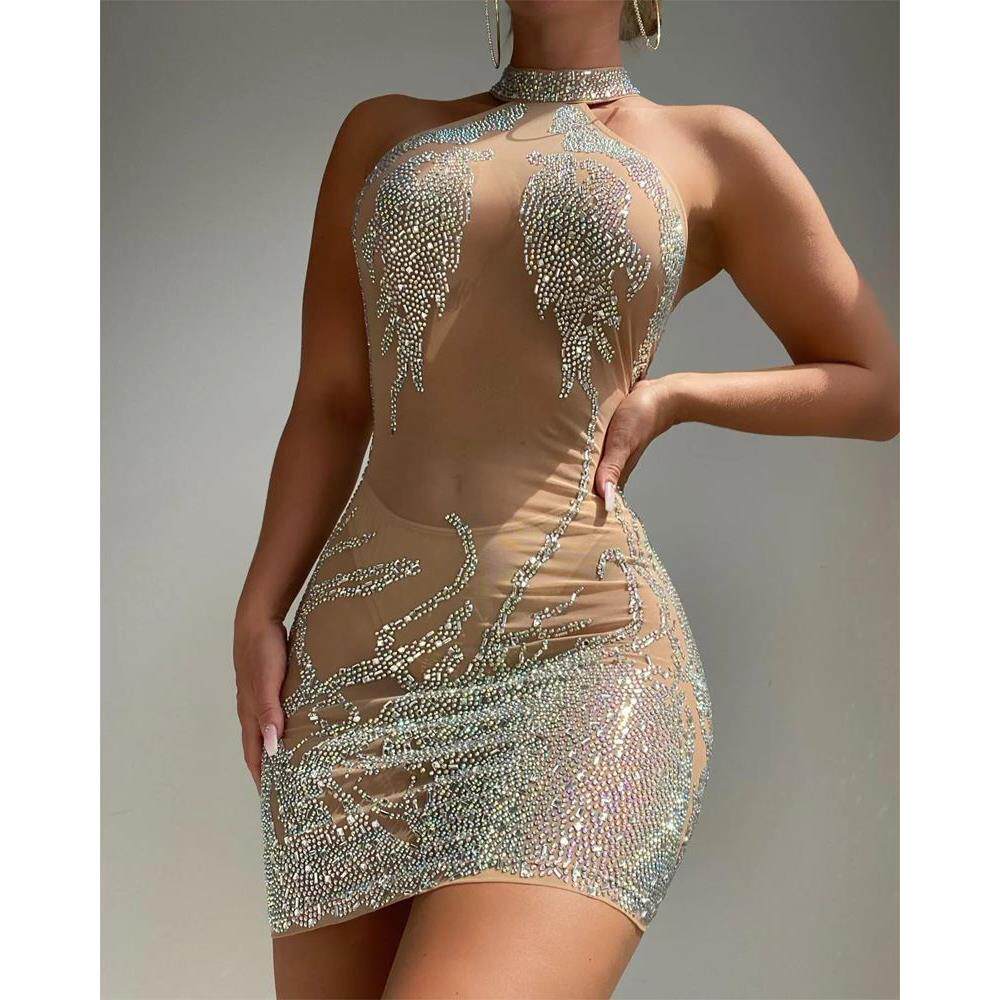 欧美女装性感挂脖烫钻透视紧身裙Women sexy corset party dress
