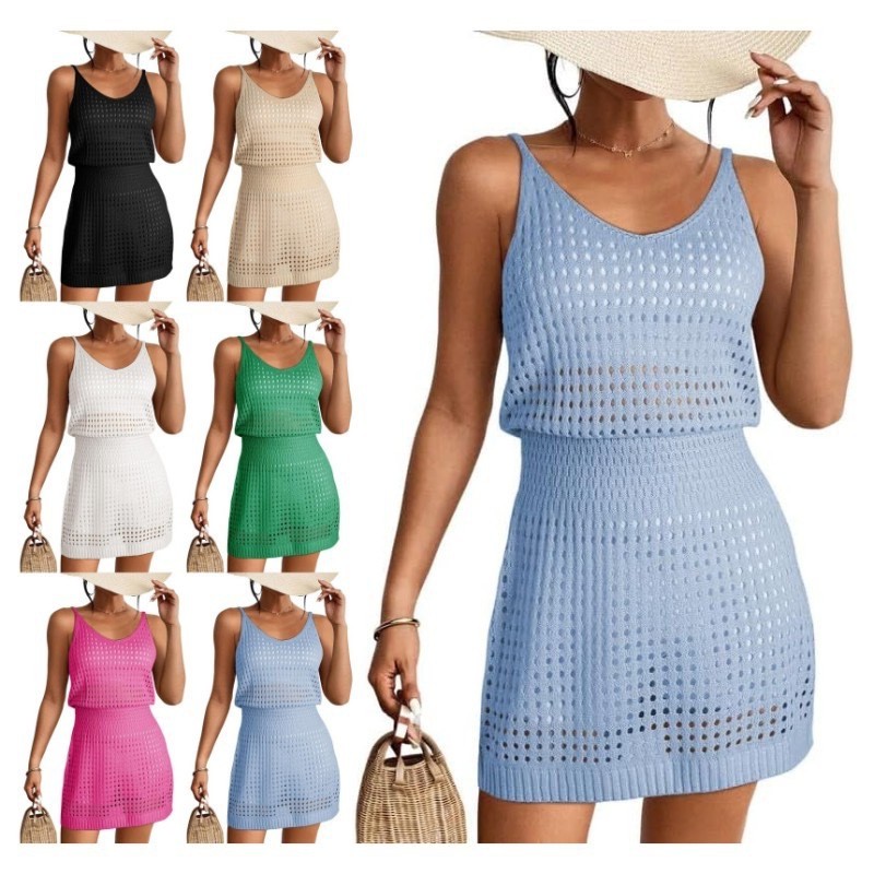亚马逊欧美性感针织吊带连衣裙收腰白色吊带裙性感镂空沙滩裙
