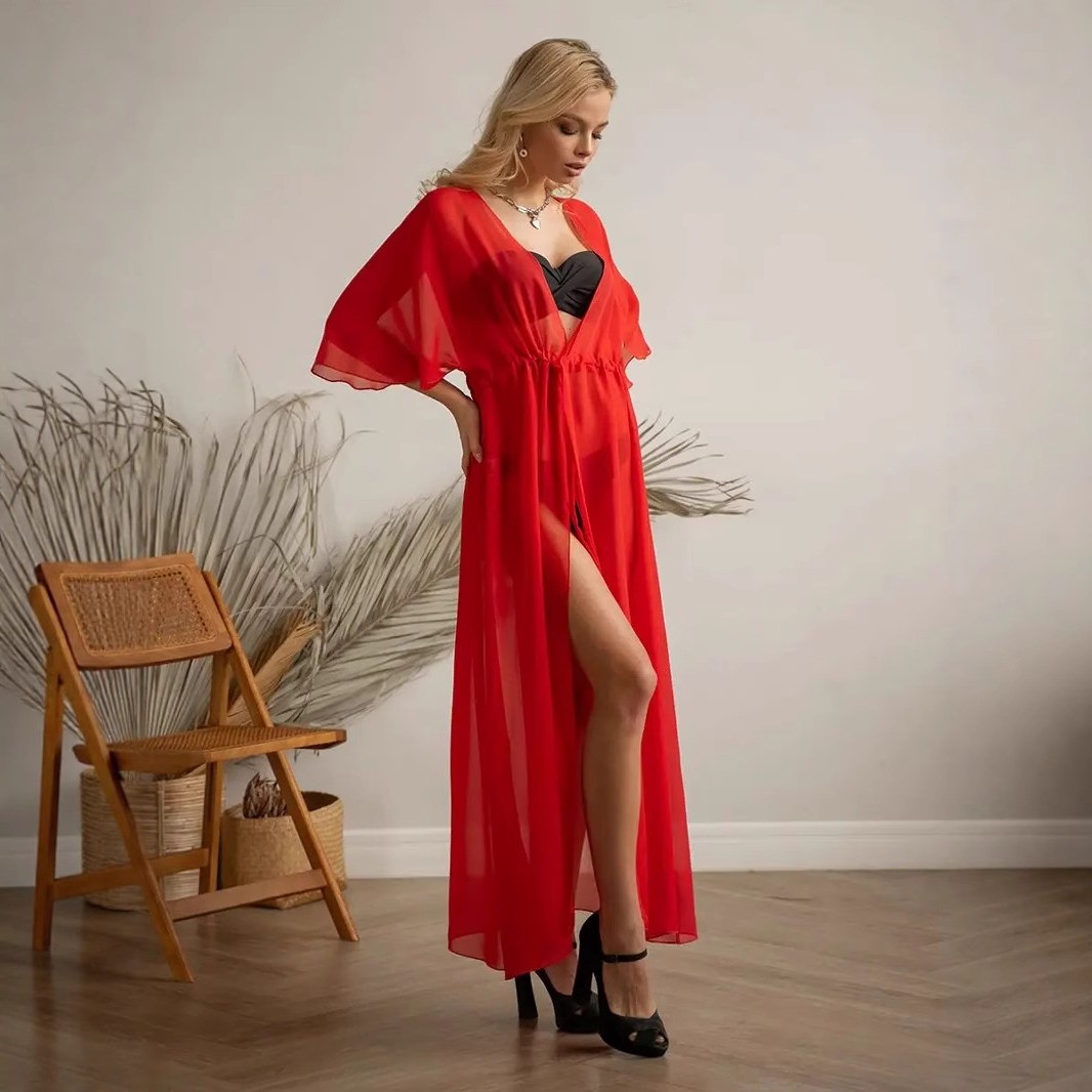 欧美跨境新款宽松性感沙滩罩衫度假纯色防晒衣雪纺长款开衫