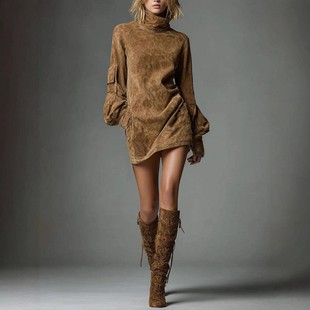 高领长袖 鹿皮绒时尚 口袋迷你连衣裙 新品 欧美跨境秋季