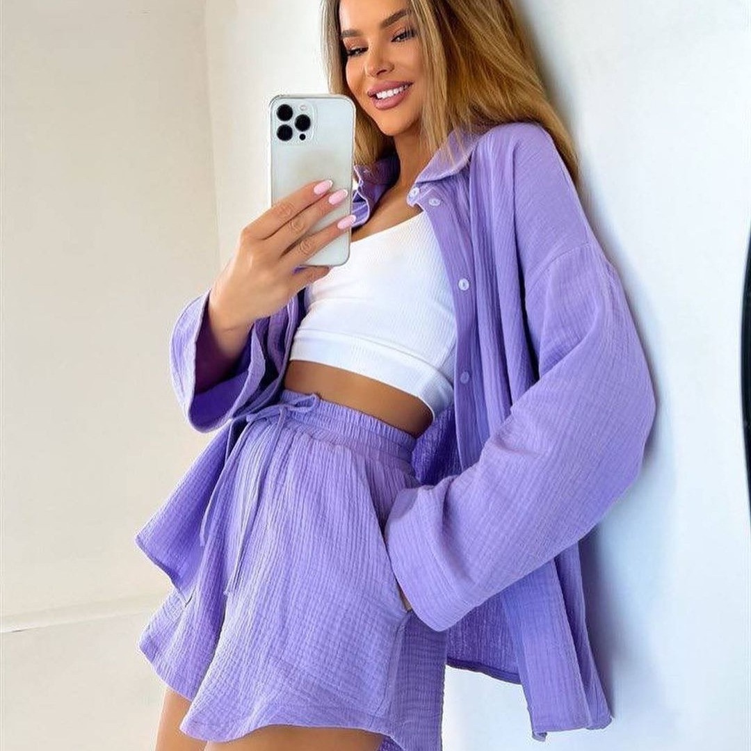 欧美跨境亚马逊外贸新款长袖通勤衬衫短裤套装女