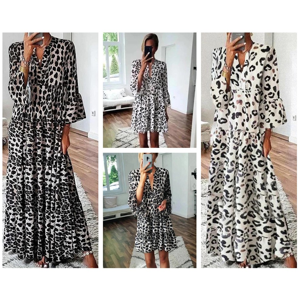 平台春秋跨境欧美新款女士豹纹连衣裙热销波西米亚风长裙现货