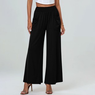 宽松休闲长裤 松紧腰高腰微辣裤 带口袋 亚马逊欧美女装 新款
