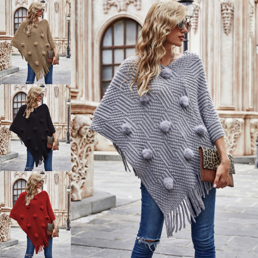 欧美外贸亚马逊独立站跨境秋冬新款中长款毛毛球流苏披肩毛衣