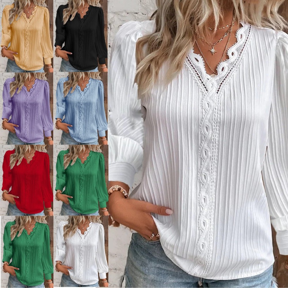 独立站亚马逊爆款 秋季长袖领花边拼接衬衣女衬衫女装