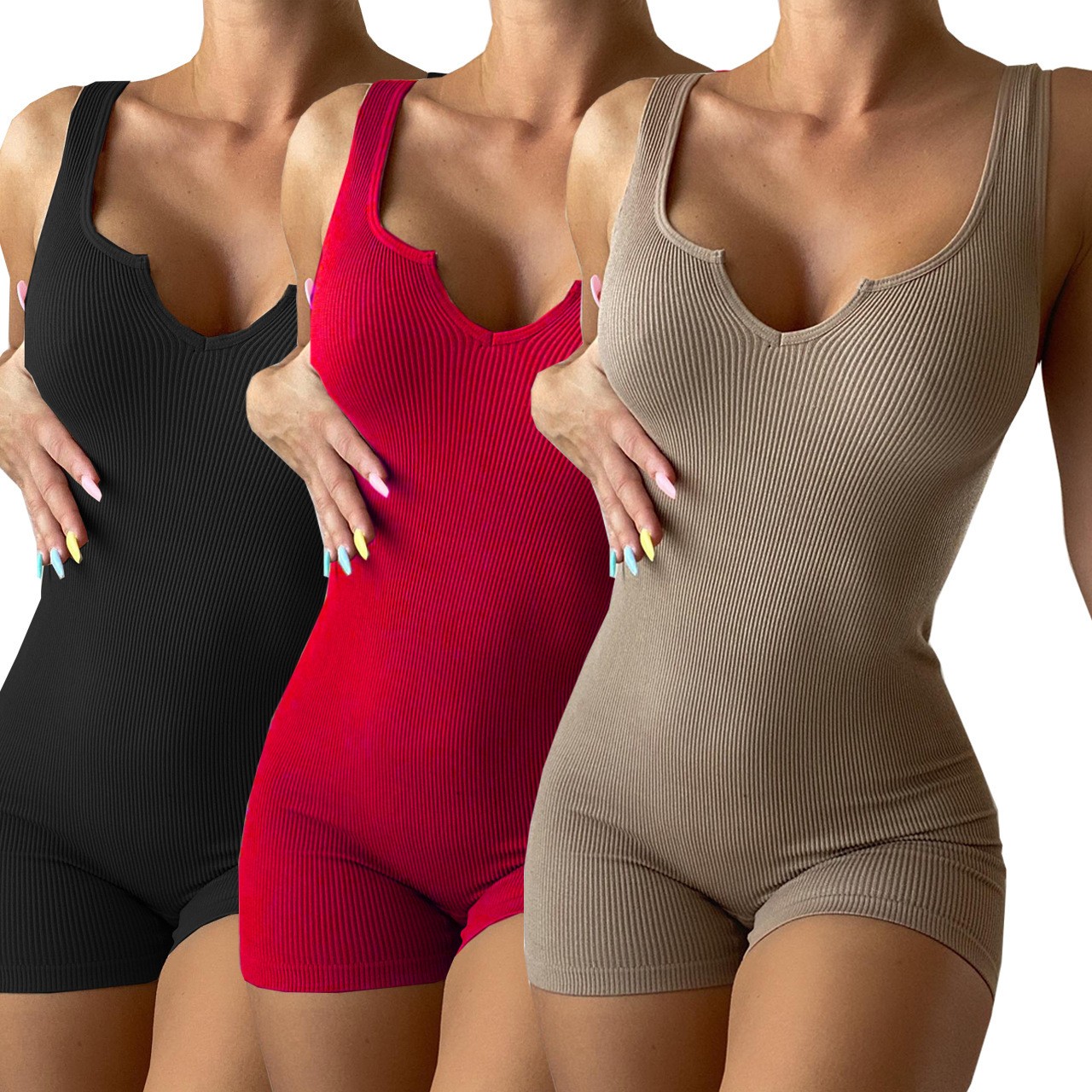 欧美跨境女装 亚马逊新品春夏 螺纹小领修身休闲连体裤 女装