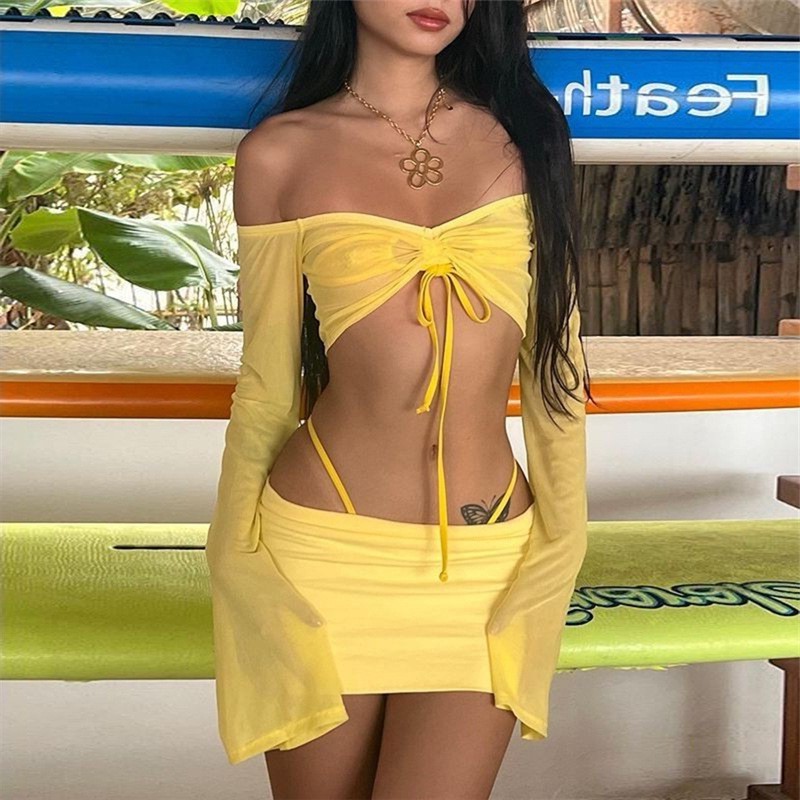 欧美风跨境夏季新款女装纯色修身一字领长袖时尚半身裙套装女