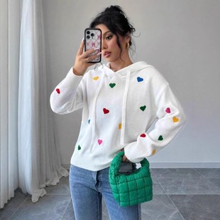 针织衫 彩色爱心提花连帽长袖 毛衣亚马逊跨境时尚 欧美外贸秋冬女款