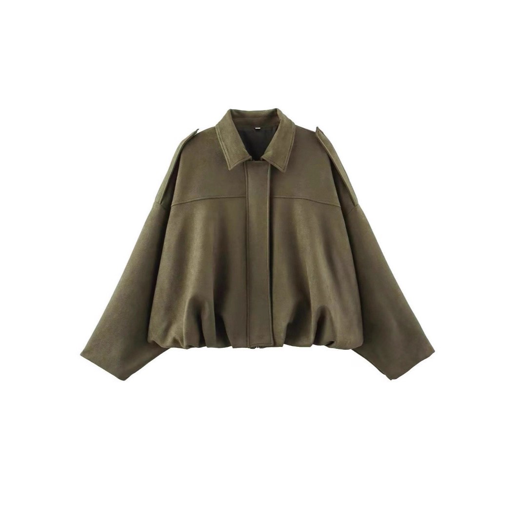 亚马逊欧美女装春秋麂皮绒面质感翻领拉链纽扣飞行员夹克外套