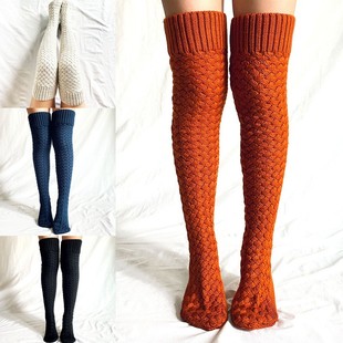 亚马逊独立站欧美新款 纯色长筒过膝堆堆袜女针织毛线高筒袜