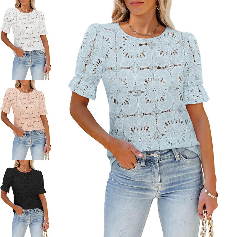 跨境欧美女装亚马逊夏季爆款休闲镂空蕾丝泡泡短袖衬衫上衣