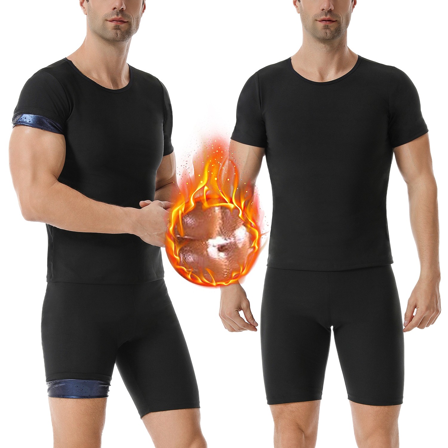 跨境男士暴汗服跑步运动暴汗裤紧身健美健身服套装健身衣短袖短裤