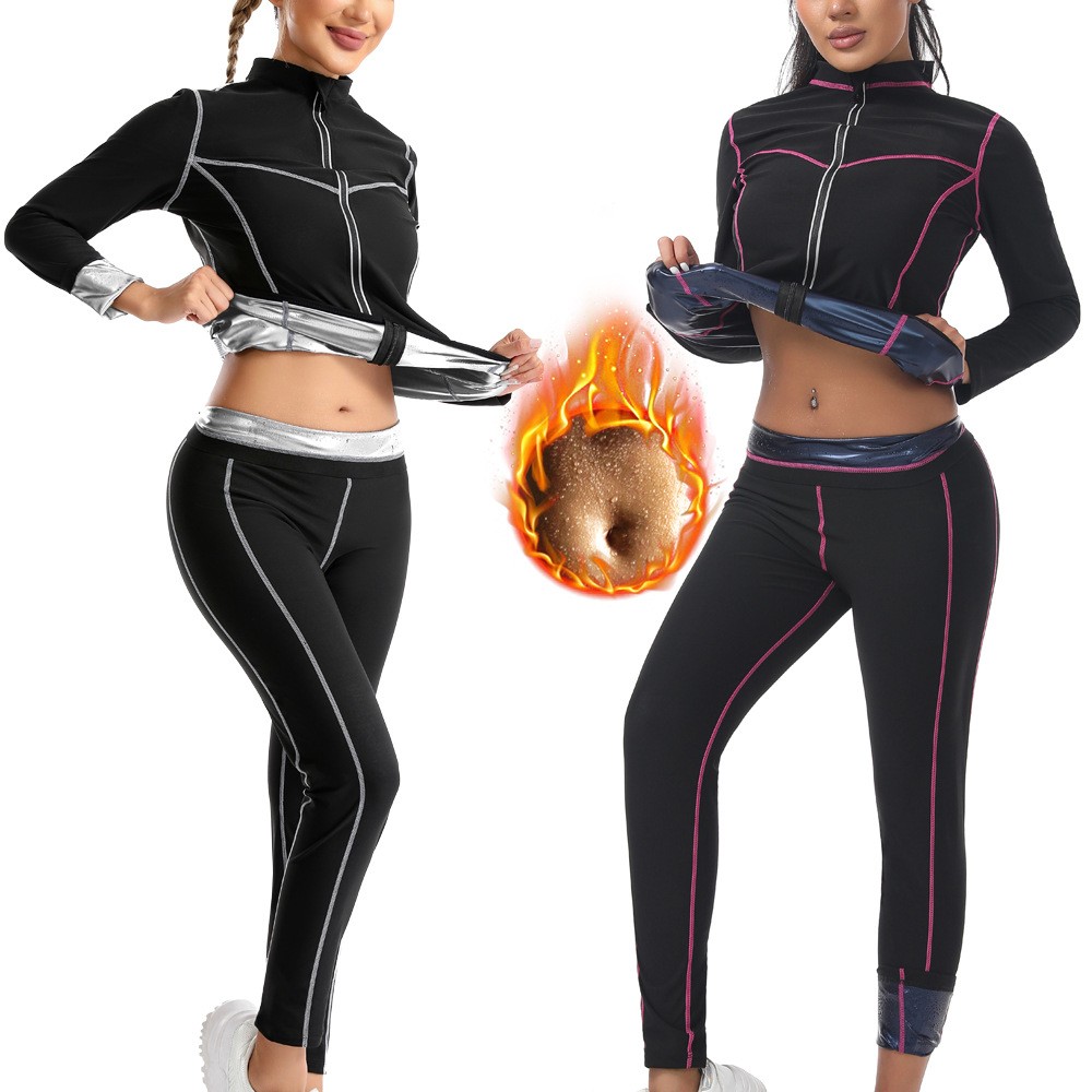 跨境亚马逊欧美女士暴汗服套装拼接线条跑步健身训练桑拿服塑身衣