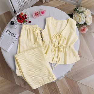 休闲甜美套装 休闲系带百搭背心宽松系带纯色长裤 纯色条纹套装 夏季