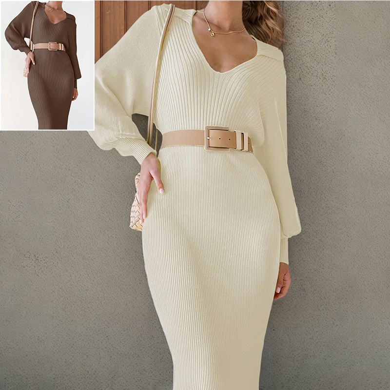 亚马逊秋季新款纯色气质优雅通勤针织衫领系带高腰女士连衣裙