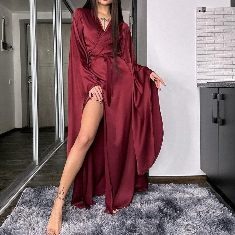 欧美中东跨境秋冬款舒适休闲气质居家女士绑带睡袍开叉长袍女装