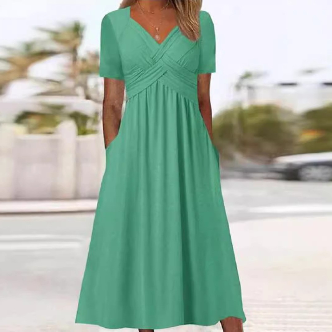 秋季新款亚马逊跨境欧美纯色领短袖个性连衣裙女装