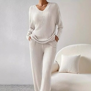 气质宽松领坑条两件套装 休闲直筒裤 女 时尚 秋冬跨境欧美新款