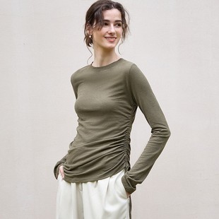 长袖 高端亚麻针织衫 麻棉小衫 女小众设计感不对称上衣修身 恤 秋季