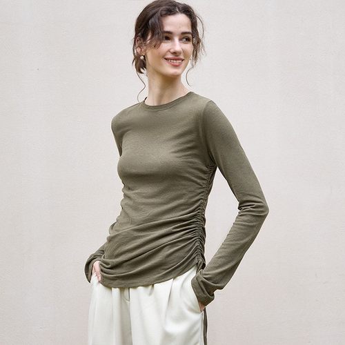 高端亚麻针织衫秋季女小众设计感不对称上衣修身麻棉小衫长袖恤